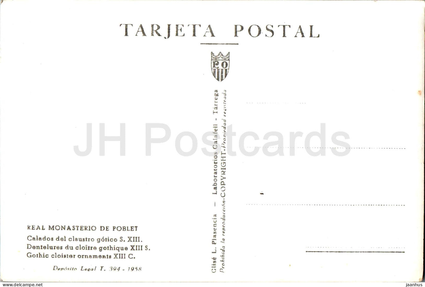 Real Monasterio de Poblet - Calados del claustro gotico - Gotische Kreuzgangornamente, alte Postkarte - 1958 - Spanien - unbenutzt 