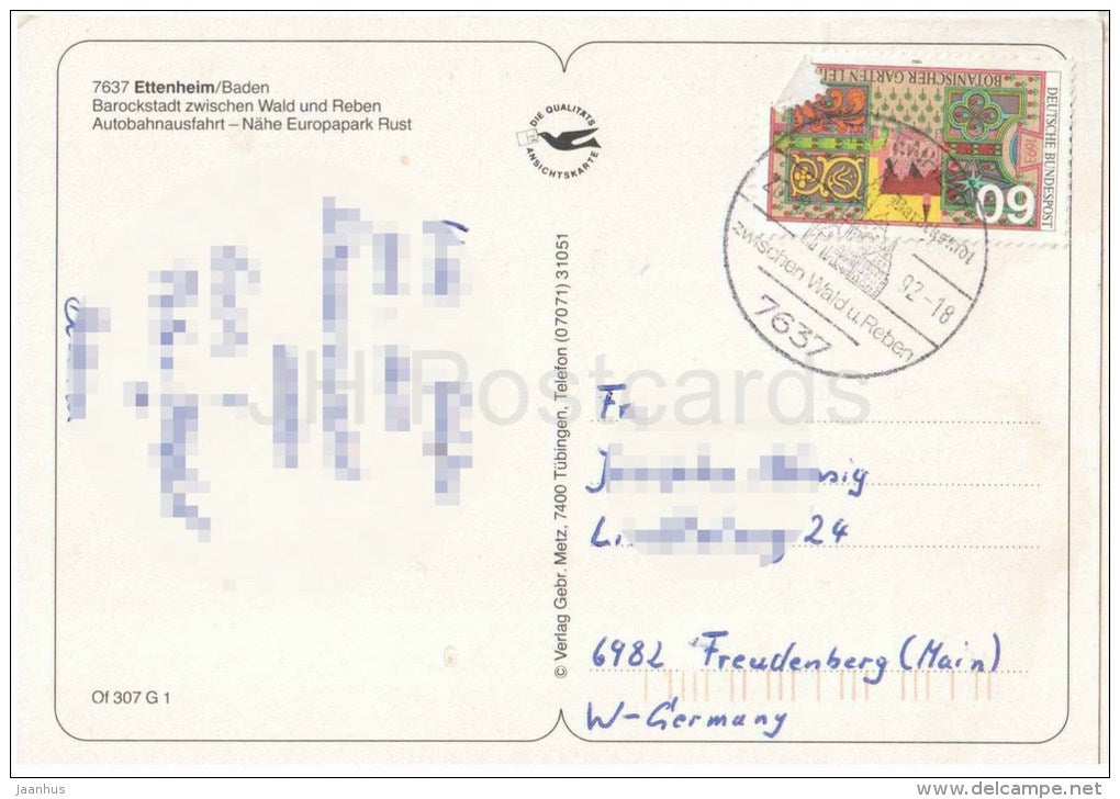 Grüsse aus Ettenheim - Barockstadt zwischen Wald und Reben - Autobahnausfahrt - church - 7637 - Germany - 1992 gelaufen - JH Postcards