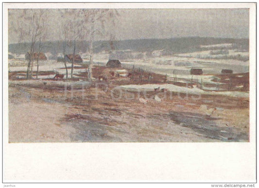 painting by V. Fedorov - The Thaw - farm house - village - chicken - russian art - unused - JH Postcards