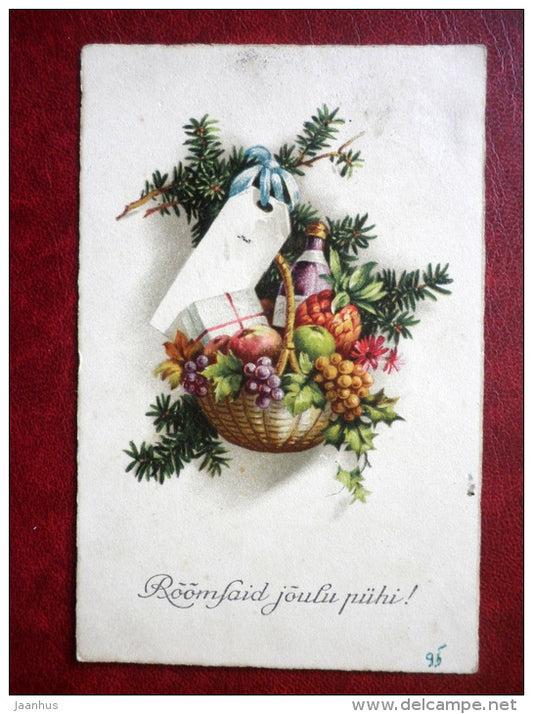Christmas Greeting Card - grapes - apples - wine - MBN - 1920s-1930s - Estonia - used - JH Postcards