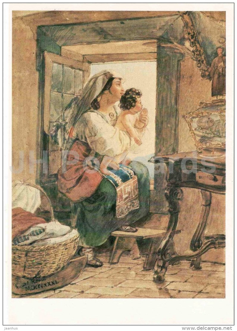 painting by K. Bryullov - Italian woman with a child at the window , 1831 - Russian art - 1985 - Russia USSR - unused - JH Postcards