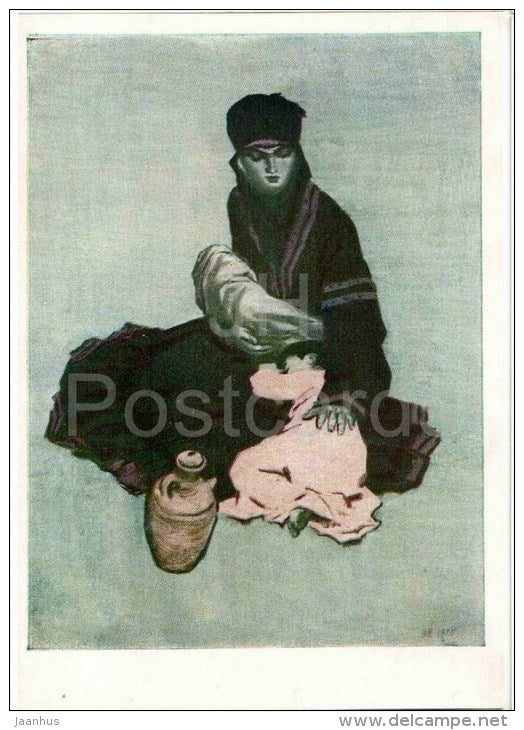 painting by O. Vereysky - Rest in the way - woman and child  - russian art - unused - JH Postcards