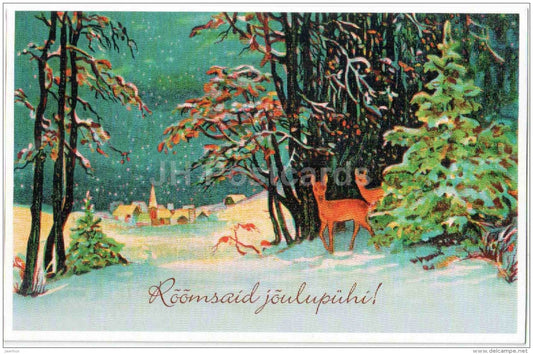 Christmas Greeting Card - deers - winter - town view - old postcard reproduction - Estonia - unused - JH Postcards
