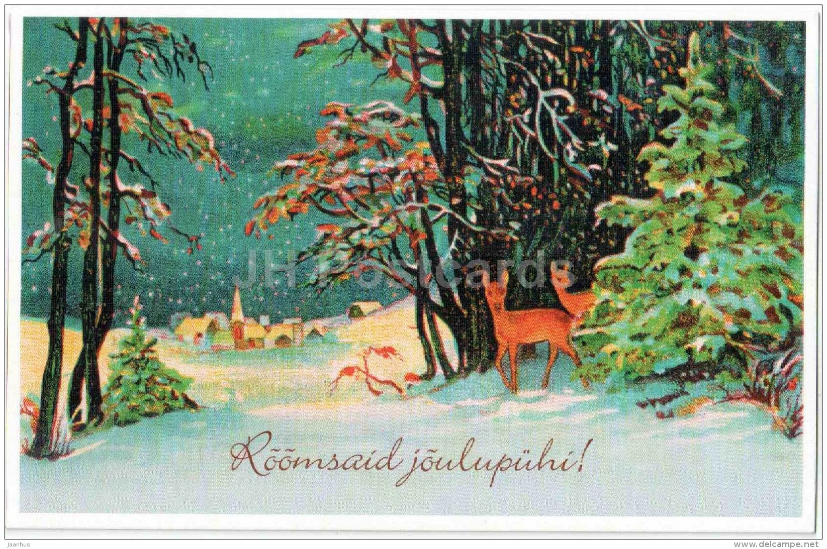 Christmas Greeting Card - deers - winter - town view - old postcard reproduction - Estonia - unused - JH Postcards