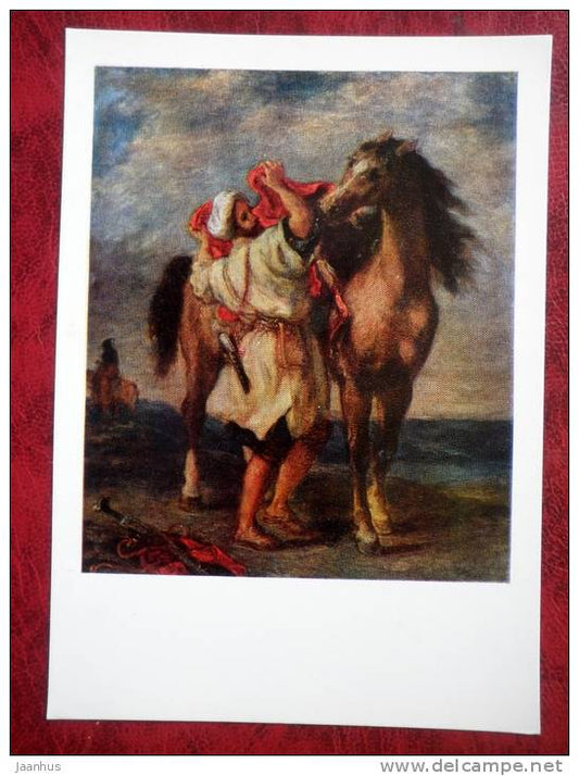 Painting by Eugène Delacroix - A Moroccan Saddling a Horse, 1855 - art - unused - JH Postcards