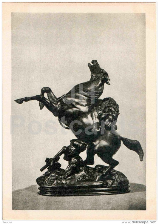 sculpture by Antoine-Louis Barye - Horse tormented lion - french art - unused - JH Postcards