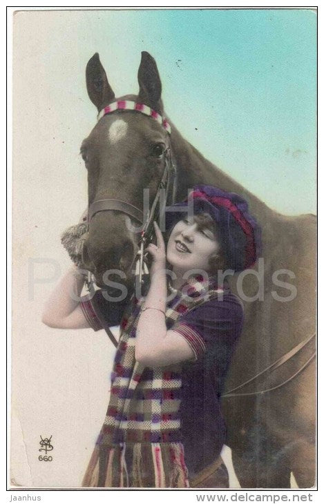 woman with horse - YAS 660 - old postcard - circulated in Estonia 1920 - JH Postcards