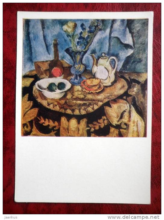 Painting by P. P. Konchalovsky - Still Life , 1919 - teapot - flowers - russian art - unused - JH Postcards