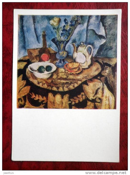 Painting by P. P. Konchalovsky - Still Life , 1919 - teapot - flowers - russian art - unused - JH Postcards
