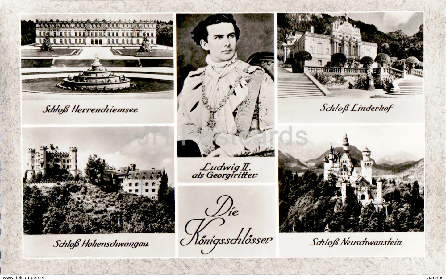 Die Konigsschlosser - Schloss Herrenchiemsee - Linderhof - Neuschwanstein - old postcard - Germany - unused - JH Postcards