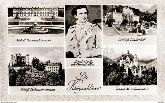 Die Konigsschlosser - Schloss Herrenchiemsee - Linderhof - Neuschwanstein - old postcard - Germany - unused - JH Postcards
