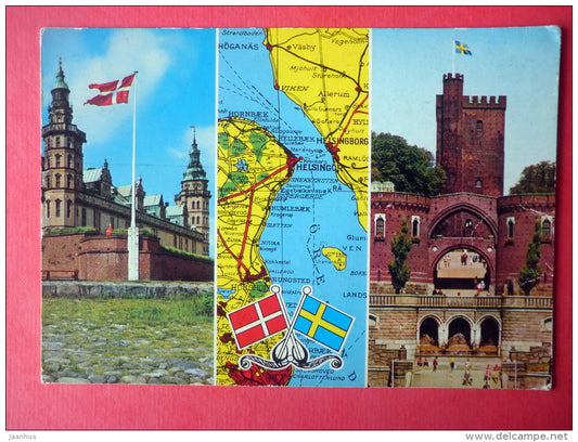 Kronborg Castle - map - Helsingor - Helsingborg - Denmark - Sweden - sent from Finland to Estonia USSR 1975 - JH Postcards