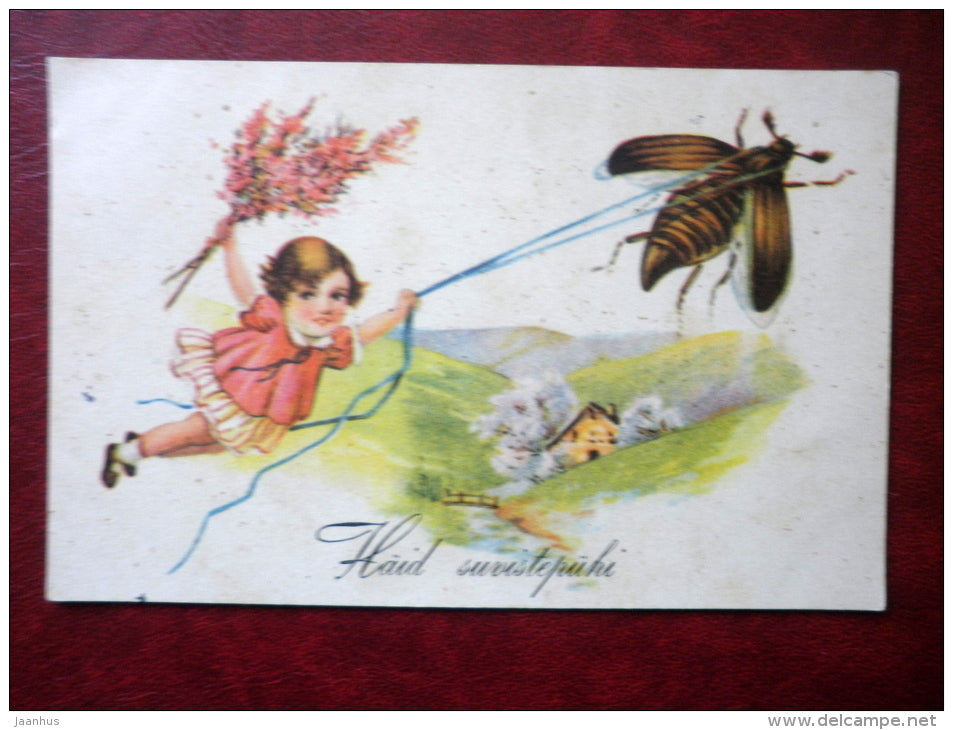 Pentecost Greeting Card - girl - beetle - WO 1235 - circulated in Estonia 1938 - Estonia - used - JH Postcards