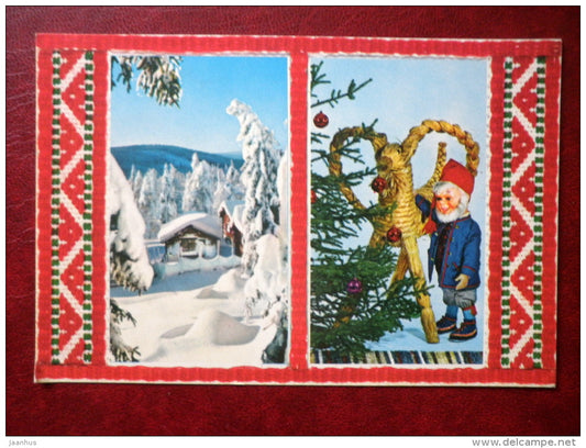 Christmas and New Year Greeting Card - winter view - Yule Goat - christmas tree - Sweden - used - JH Postcards