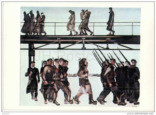 painting by A. Deyneka - The Defense of Petrograd , 1928 - defenders - russian art - unused - JH Postcards