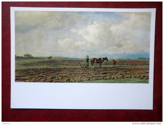 painting by Mikhail Clodt , The Plow , 1872 - horses - russian art - unused - JH Postcards