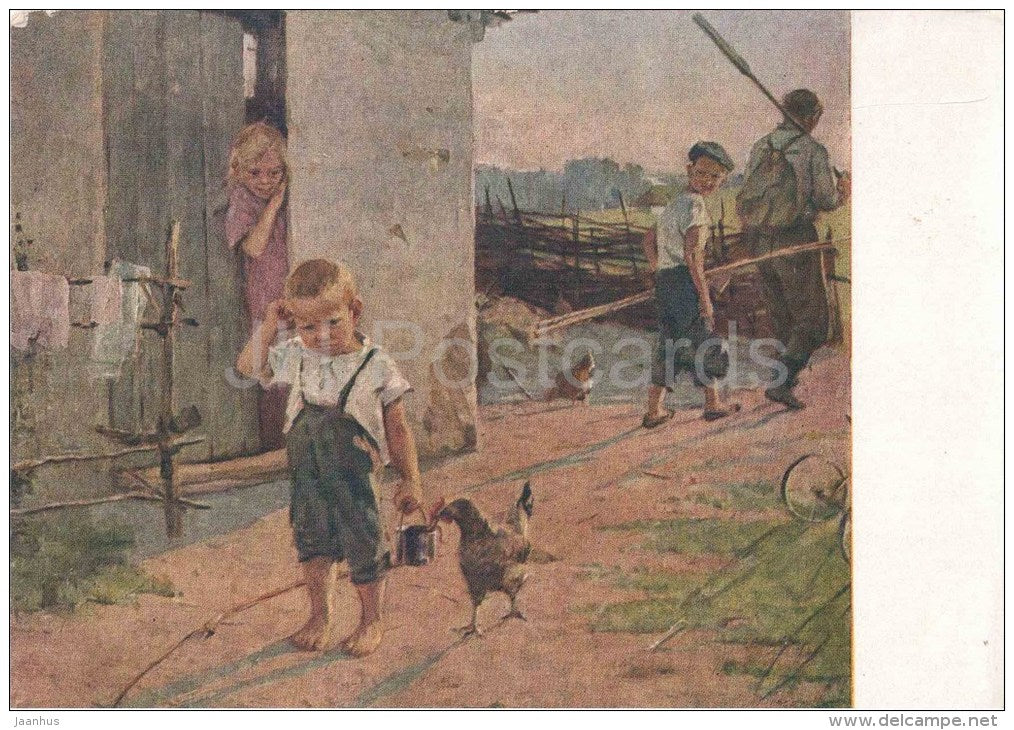 painting by K. Uspenskaya-Kologrivova - 1 - Not taken Fishing - boy - chicken - russian art - unused - JH Postcards