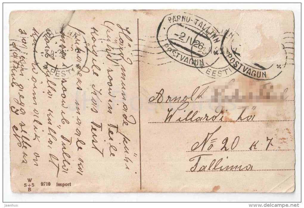 Easter Greeting Card - egg - flowers - WSSB 9710 - circulated in Estonia Pärnu-Tallinn Mail Wagon 1926 - JH Postcards