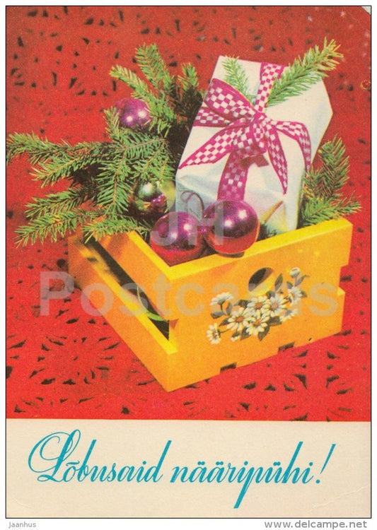 New Year Greeting card - 2 - gifts - decorations - 1977 - Estonia USSR - used - JH Postcards