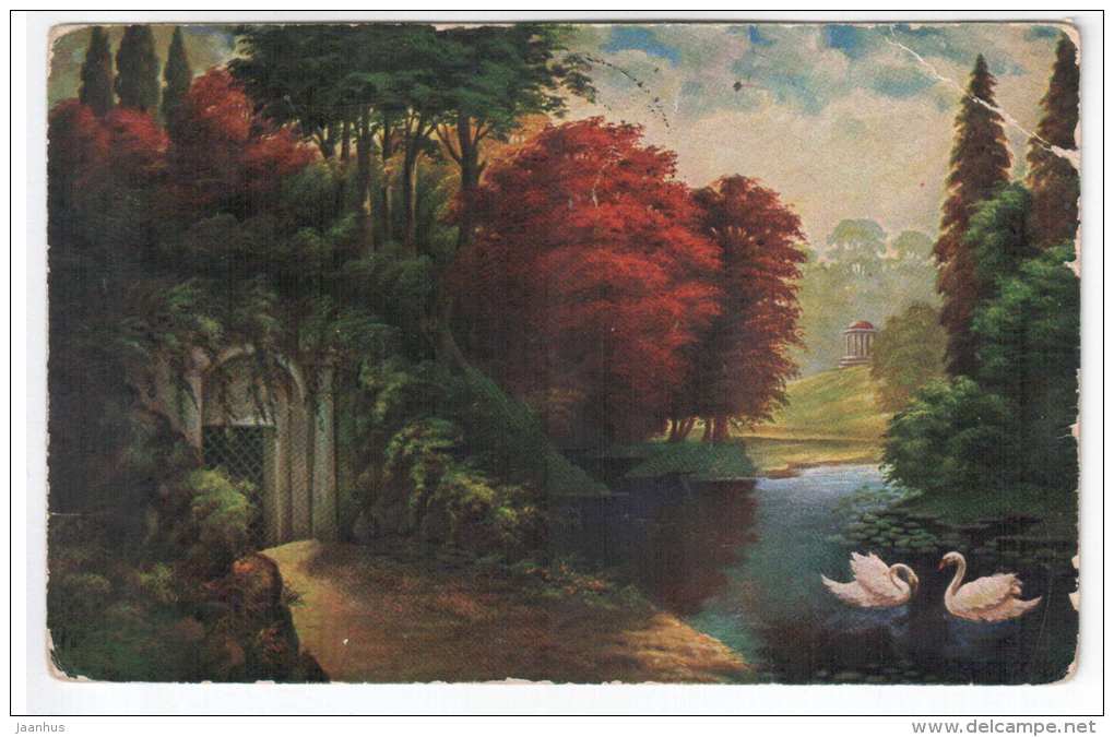 illustration by Fiebiger - grotto , swan - Amag 1072 - old postcard - circulated in Estonia 1928 , Märjamaa - used - JH Postcards