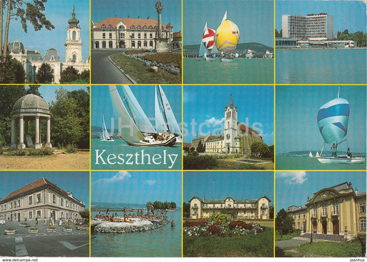 Keszthely - sailing boat - hotel - church - multiview - 1996 - Hungary - used - JH Postcards