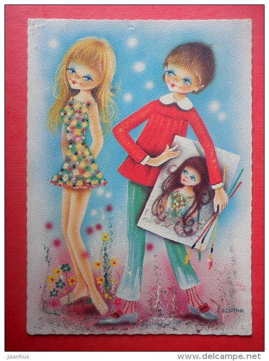 illustration by Escama - boy and girl - painter - art - 2602/5 - Finland - circulated in Finland - JH Postcards