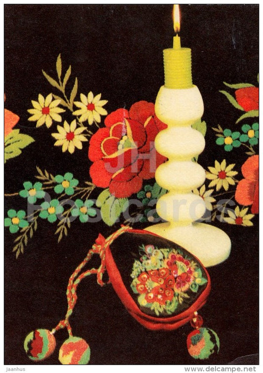 New Year greeting Card - 1 - candle - handicraft - embroidery - 1969 - Estonia USSR - used - JH Postcards