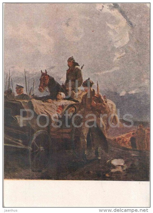 painting by G. Sorogin - Past Trips - horse - carriage - Red Army - soldiers - russian art - unused - JH Postcards