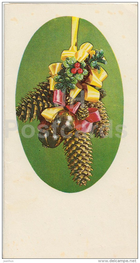 New Year greeting card - decorations - fir cones - 1984 - Estonia USSR - used - JH Postcards