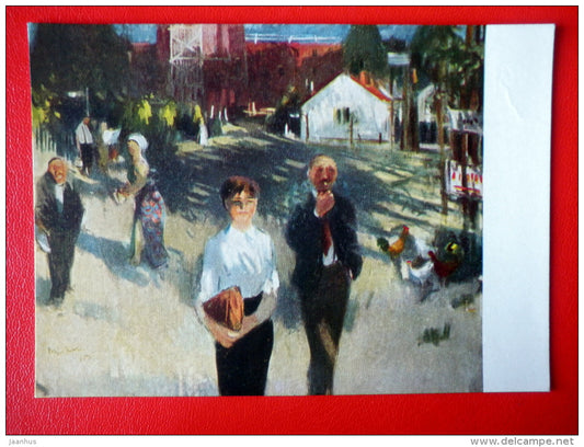 painting by L. Miskolci . Morning in Stalinvaros - street - hungarian art - unused - JH Postcards