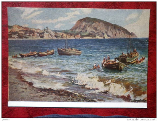 Painting by P. P. Sokolov-Skalya - fishing boats - russian art - unused - JH Postcards