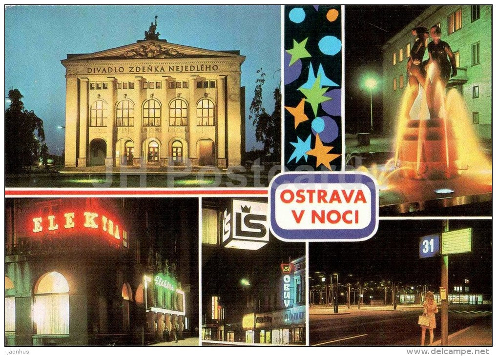 Ostrava in the Night - Zdenak Nejedleho theatre - fountain - House of Culture - Czechoslovakia - Czech - unused - JH Postcards