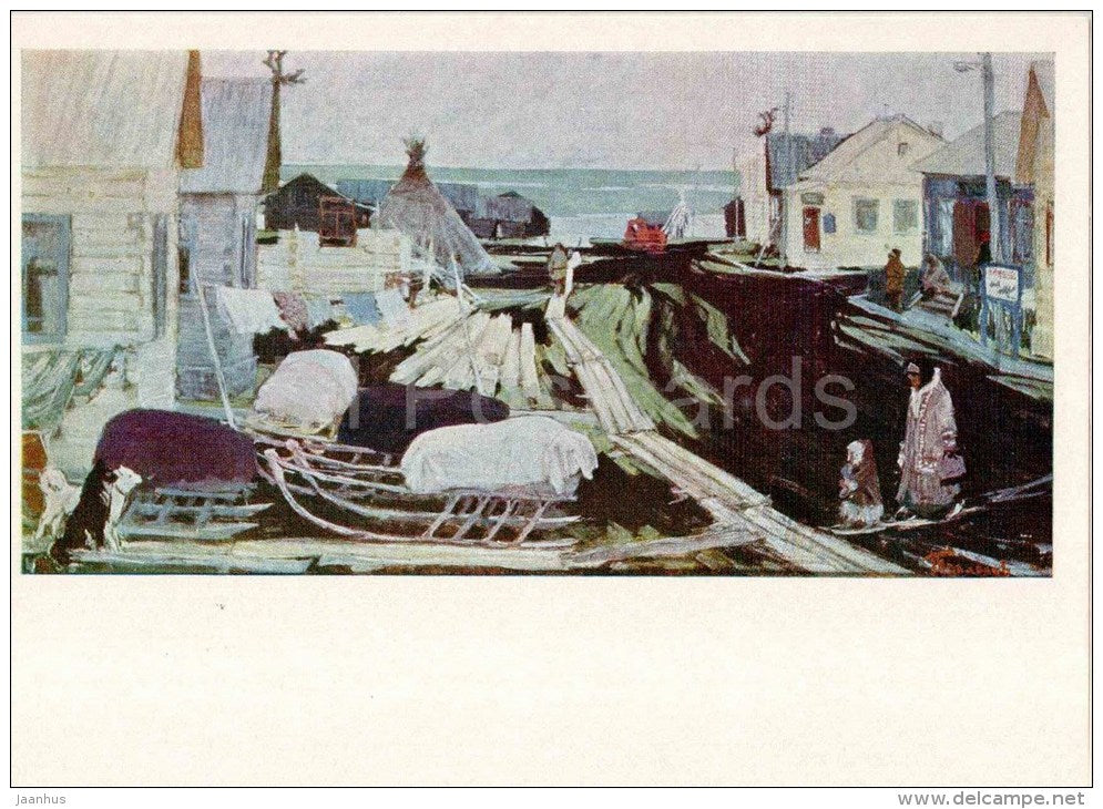 painting by S. Torlopov - Nelmin , 1967 - northern native people - dog sledge - russian art - unused - JH Postcards