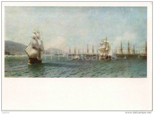 painting by Ivan Aivazovsky - Black Sea Fleet in Feodosia , 1890 - sailing ship - warship - russian art - unused - JH Postcards