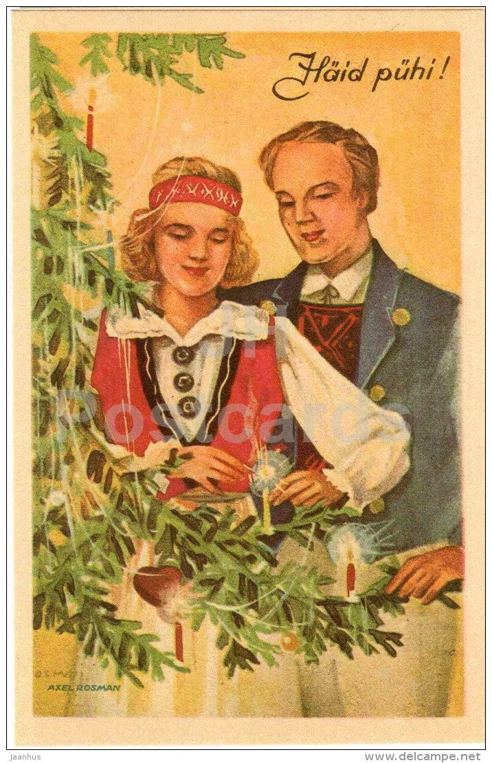 Christmas Greeting Card - people in Folk Costumes - christmas tree - REPRODUCTION ! - 1988 - Estonia USSR - unused - JH Postcards