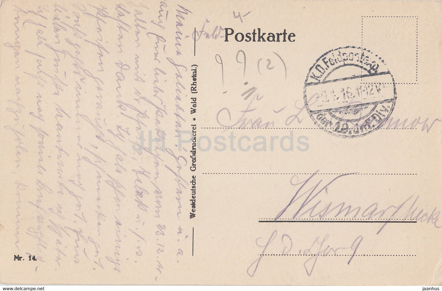 St. Thomas - Feldpost - 14 - alte Postkarte - 1916 - gebraucht
