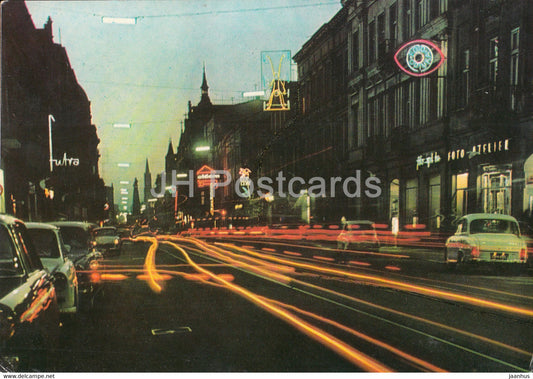 Lodz - Piotrkowska street at night - car - 1975 - Poland - used - JH Postcards