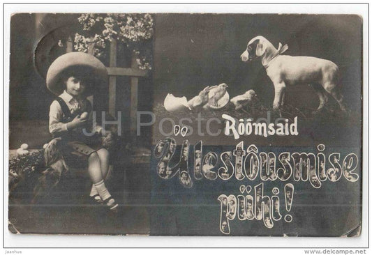 Easter Greeting Card - egg - boy - dog - 21 221 - circulated in Estonia 1920s - JH Postcards