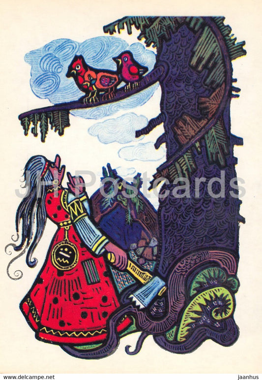 illustration by V. Ignatov - Girl with a spindle - witch - birds - Komi fairy tale - 1977 - Russia USSR - unused - JH Postcards