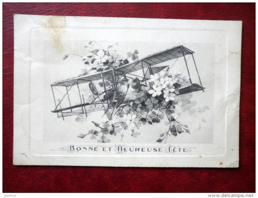 Easter Greeting Card - Bonne Et Heureuse Fete - swallow - airplane - flowers - France - used - JH Postcards
