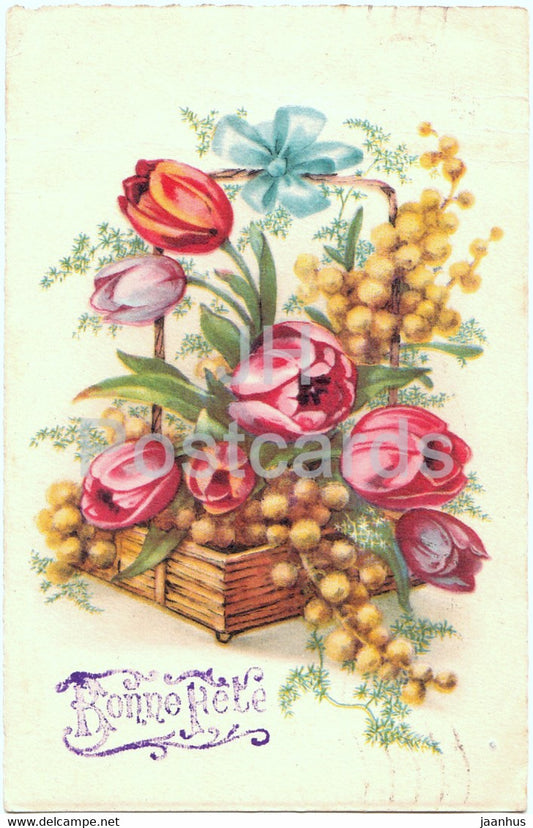 Birthday Greeting Card - Bonne Fete - 3201 - MD Paris flowers in a basket - illustration - old postcard - France - used - JH Postcards