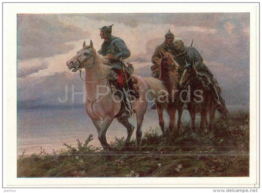 painting by M. Domaschenko , Shot from another shore , 1972 - horses - Museum of Soviet Border Guard - 1982 - unused - JH Postcards