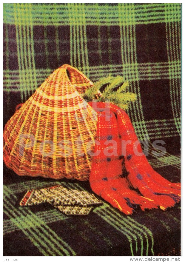 New Year greeting Card - 1 - handicraft - wooden basket - scarf - mittens - 1969 - Estonia USSR - used - JH Postcards