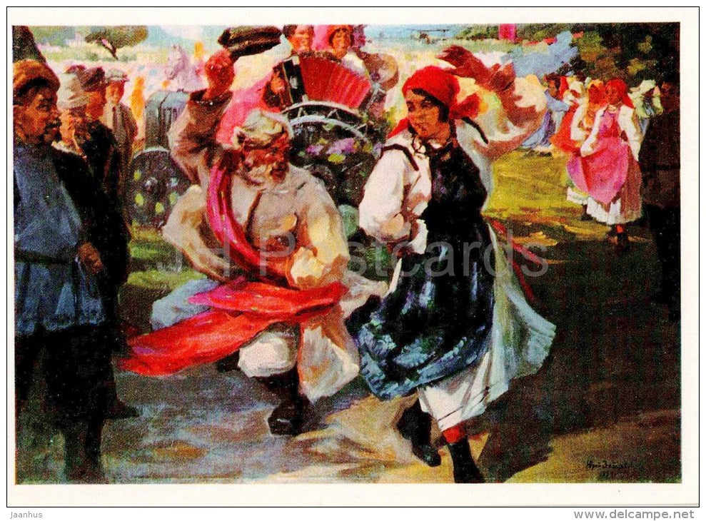 painting by Y. Zaitsev - Akatuy , Chuvash festival of land fertility , 1934 - celebration - Bayan - russian art - unused - JH Postcards
