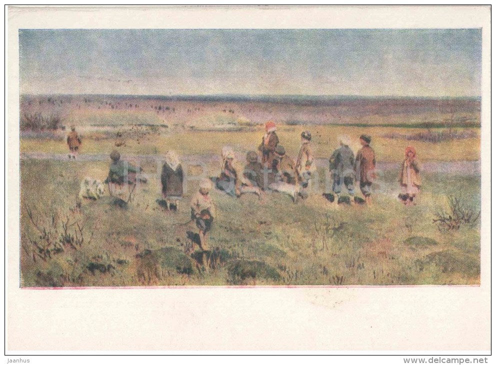painting by A. Stepanov - The Cranes Are Flying , 1891 - children - russian art - unused - JH Postcards