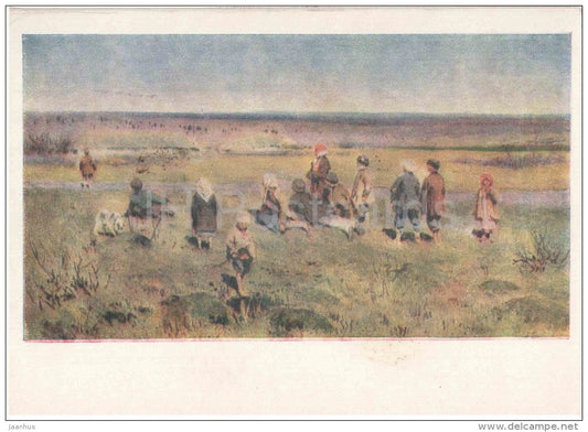 painting by A. Stepanov - The Cranes Are Flying , 1891 - children - russian art - unused - JH Postcards