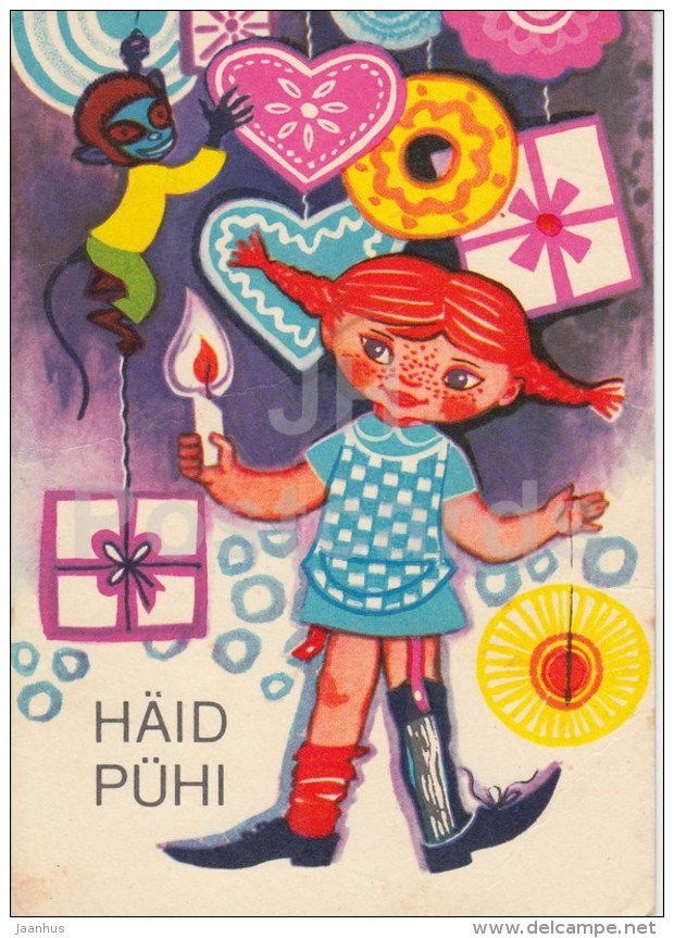 New Year Greeting card by S. Väljal - 1 - Pippi Longstocking - monkey - gifts - 1974 - Estonia USSR - used - JH Postcards