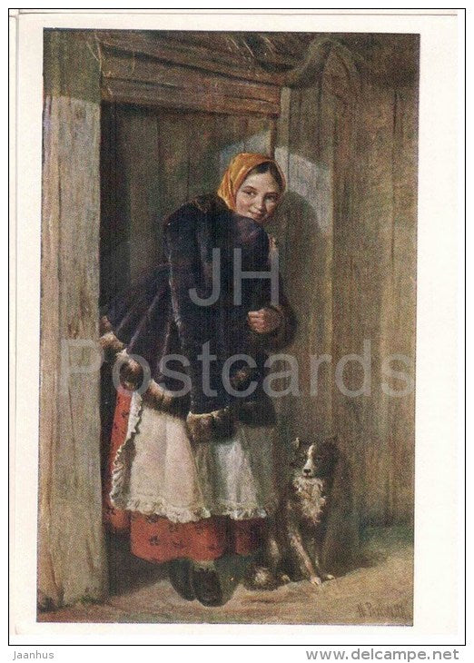 painting by N. Rachkov - At a Wicket - young woman - dog - State Tretyakov Gallery - russian art - unused - JH Postcards
