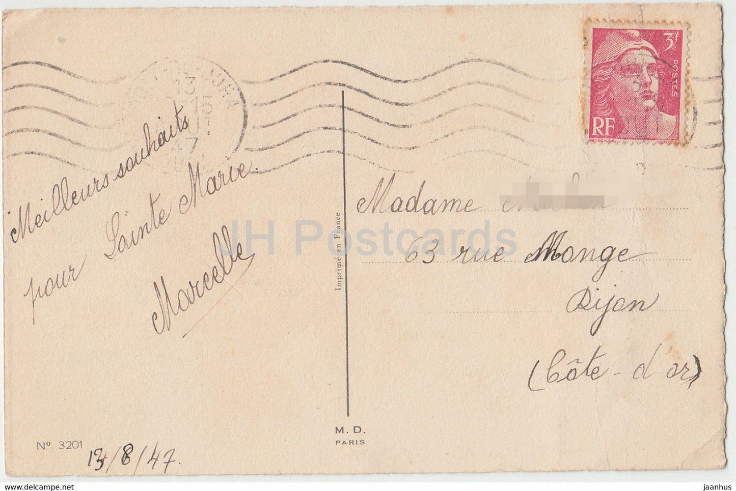 Birthday Greeting Card - Bonne Fete - 3201 - MD Paris flowers in a basket - illustration - old postcard - France - used