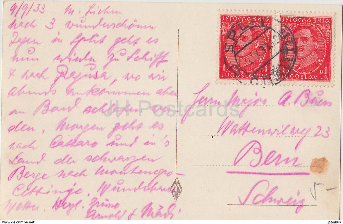 Split - Zvonik - Stolne crkve - beffroi - 10 - carte postale ancienne - 1933 - Yougoslavie - Croatie - utilisé